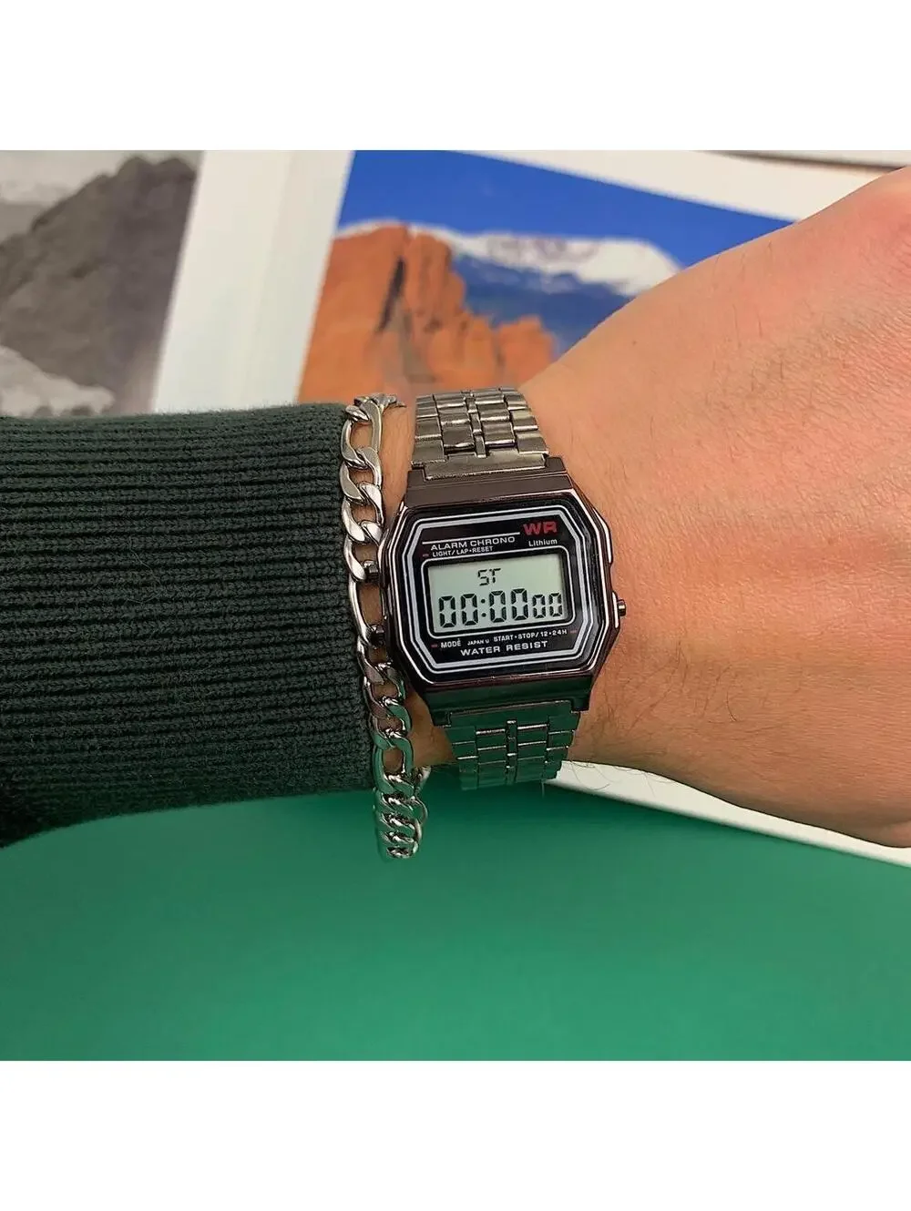 Y2k 2000s style cyber silver stainless steel digital watch